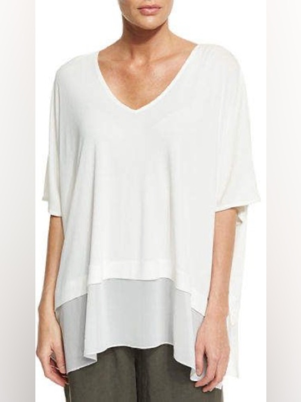 Eileen Fisher Petite White V-Neck Silk Top